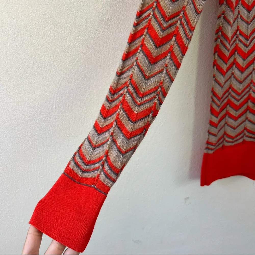 LOFT Orange Wool Blend Chevron Printed Lightweight Buttoned Cardigan Sweater - Picture 3 of 12